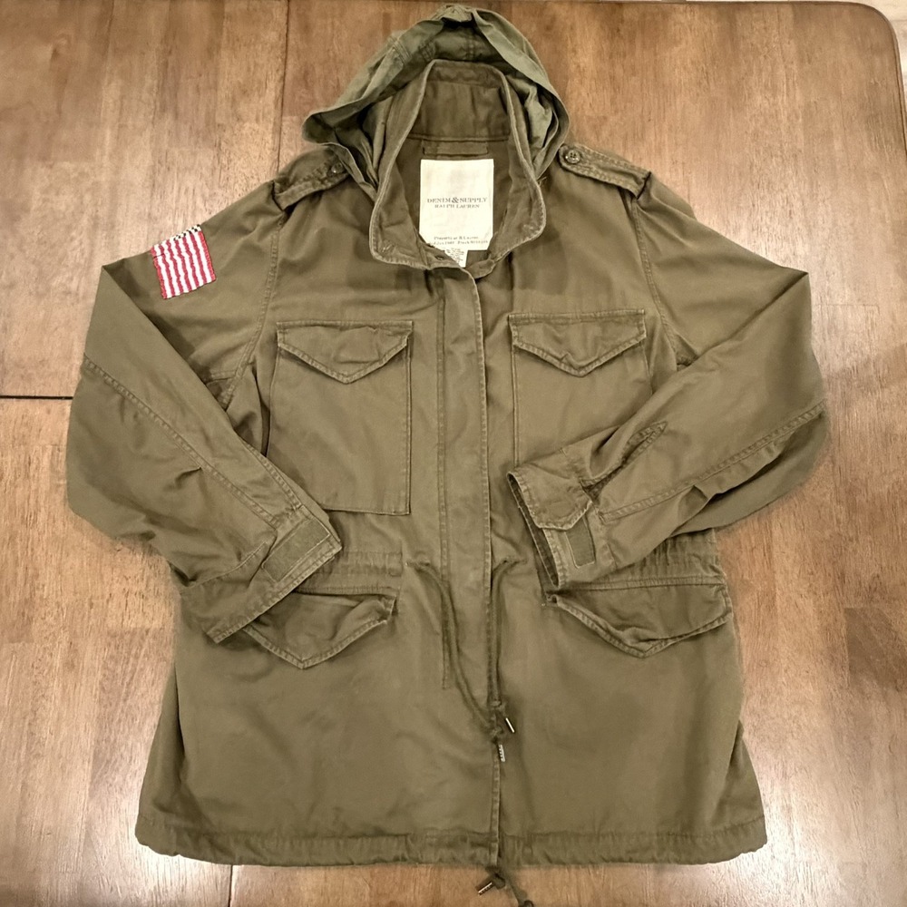 Denim Supply Ralph Lauren Jacket Mens XL Green Military M65 Field Coat USA Flag